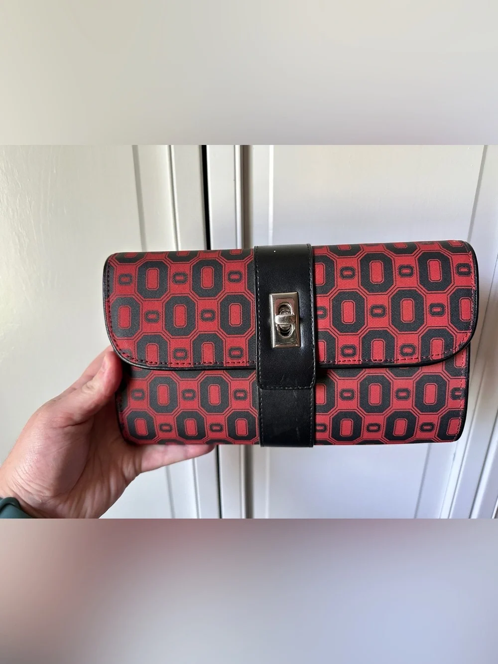 Red and Black Geometric Leather-Trim Men’s Clutch